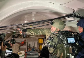 IDF Brigadier General Dan Goldfus briefing reporters in a beautifully tiled and ornate kitchen in the underground lair of senior Hamas leaders in Gaza. (Photo credit: All Israel News and TBN staff)