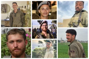 Lt. Matan Shai Yashinovski, 21, from Kfar Yona; Staff Sgt. Ronel Ben-Moshe, 20, from Rehovot; Staff Sgt. Niv Radia, 20, from Elyakhin; Sgt. Ronen Shapiro, 19, from Mazkeret Batya; Sgt. Shahar Manoav, 21, from Ashkelon; Sgt. Maayan Baruch Pearlstein, 20, from Eshhar; and Staff Sgt. Alon Davidov, 21, from Kiryat Yam. June 25, 2025. Photo: IDF