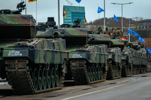 A column of Leopard 2 tanks during a NATO parade, Vilnius, Lithuania, 11.25.2023. (Photo: Shutterstock)