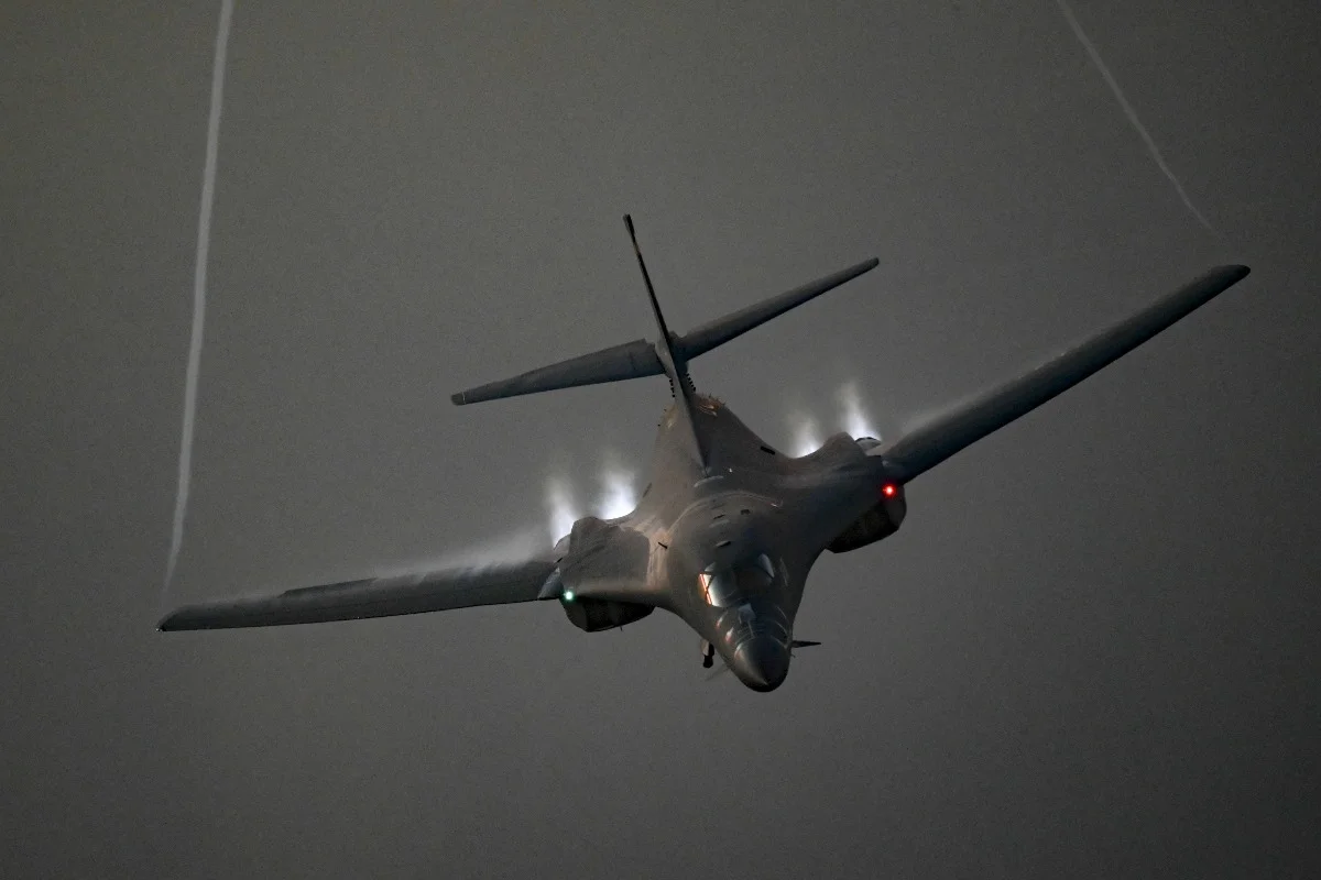 A U.S. Air Force B-1B Lancer flies over the Persian Gulf on a presence patrol above the U.S. Central Command’s area of responsibility Oct. 30, 2021 (Photo credit: USAF/Cover-Images.com / via Reuters).