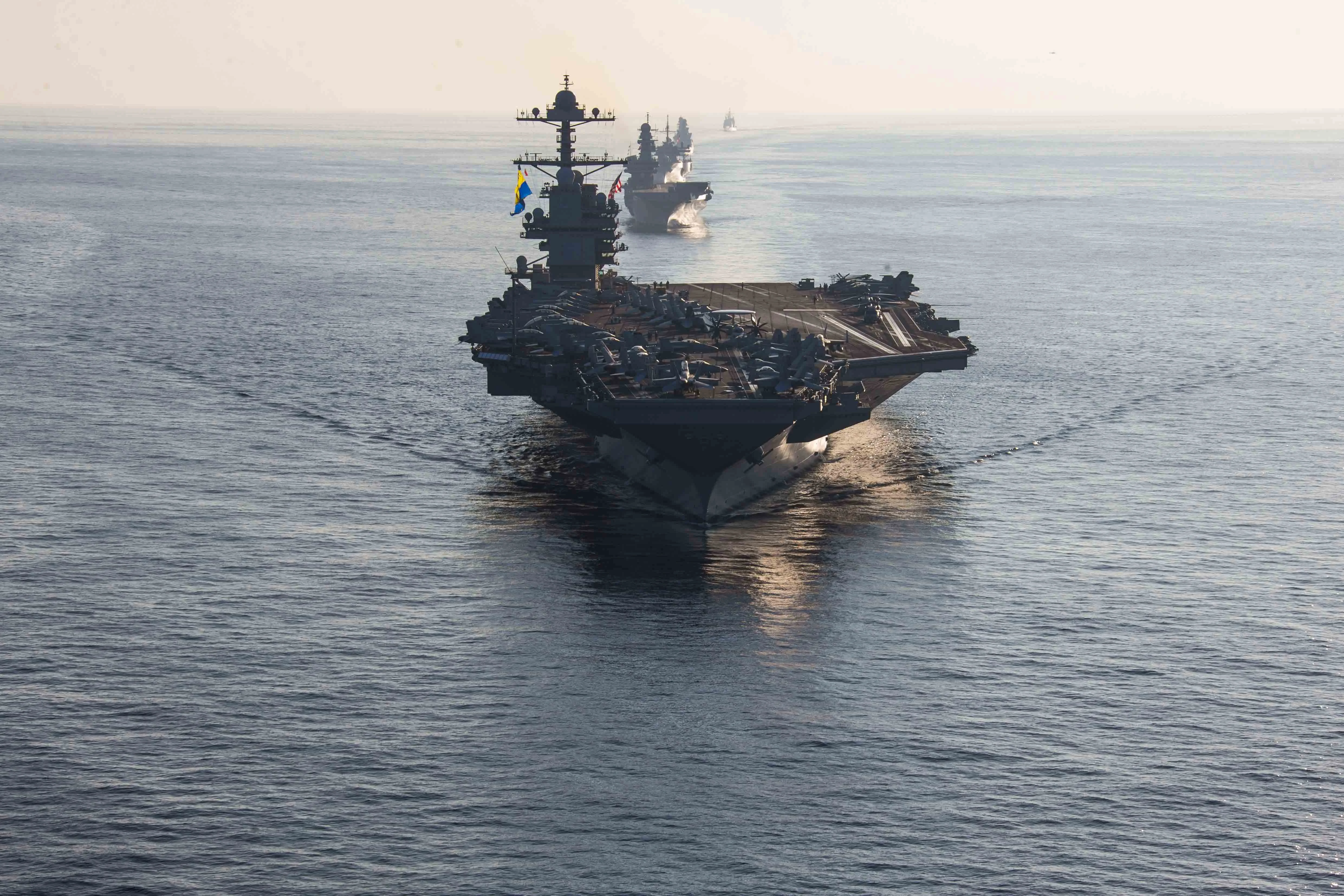 The world's largest aircraft carrier, USS Gerald R. Ford, along with its accompanying ships, was deployed to the Middle East shortly after Hamas's attack on Israel. Photo: U.S. Navy, Mass Communication Specialist 2nd Class Jacob Mattingly, via ABACAPRESS.COM.