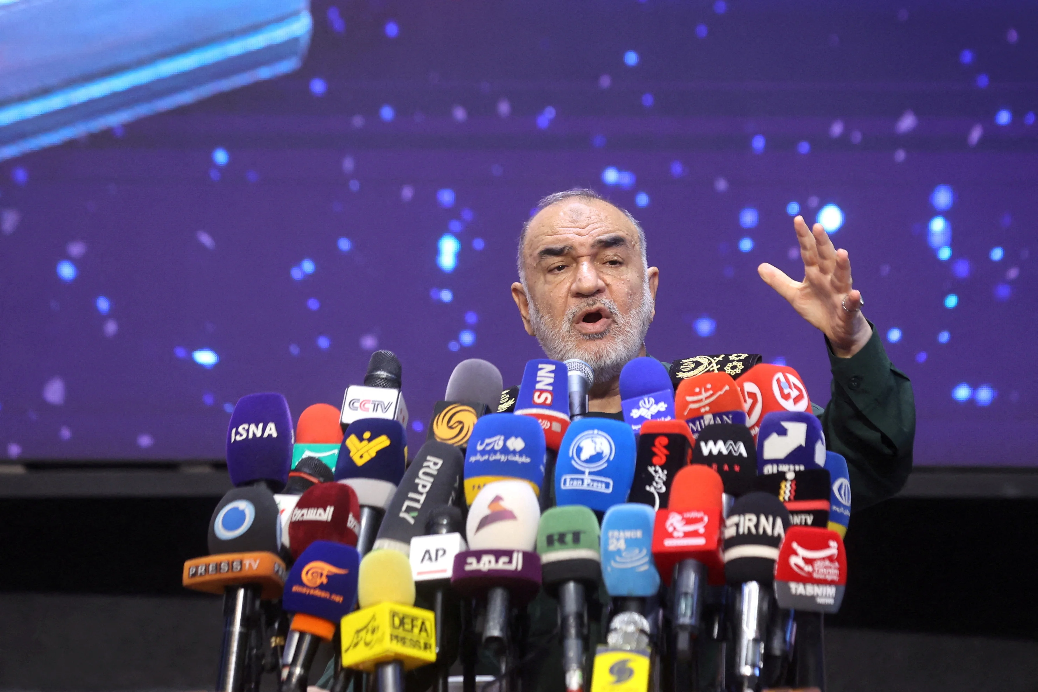 Islamic Revolutionary Guard Corps (IRGC) Commander-in-Chief Major General, Hossein Salami speaks during a ceremony in Tehran, Iran, August 5, 2024. Majid Asgaripour/WANA (West Asia News Agency) via REUTERS