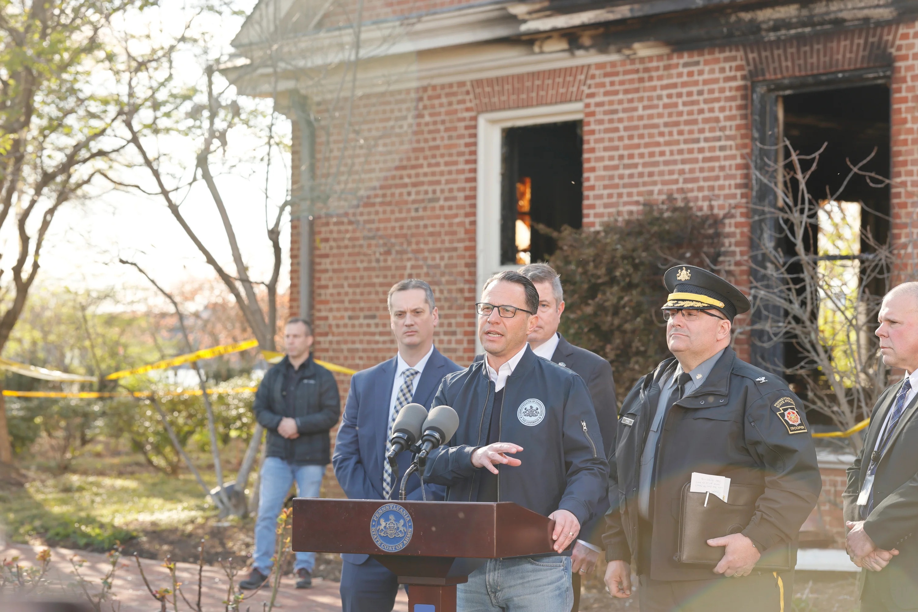 Pennsylvania Gov. Josh Shapiro speaks at a news conference at the governor’s official residence following a suspected arson attack on the property in Harrisburg, Pennsylvania, after a fire on Sunday, April 13, 2025. Photo: Commonwealth Media Services/ZUMA Press Wire via Reuters