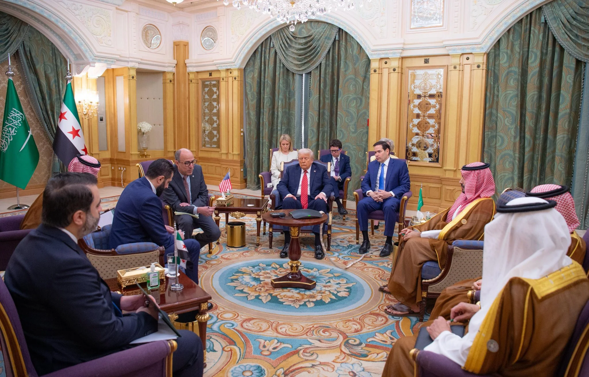 U.S President Donald Trump with US secretary of state Marco Rubio, Syria\'s interim president Ahmed al-Sharaa (right), Saudi crown prince Mohammed bin Salman and Saudi foreign minister Faisal bin Farhan in Riyadh, May 14, 2025. Reuters U.S President Donald Trump with US secretary of state Marco Rubio, Syria\'s interim president Ahmed al-Sharaa (right), Saudi crown prince Mohammed bin Salman and Saudi foreign minister Faisal bin Farhan in Riyadh