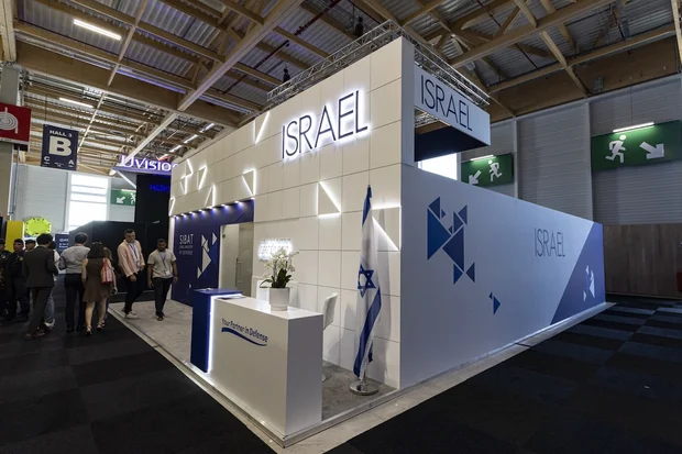 The booth of Israel Ministry of Defense and Sibat International Defense Cooperation at the Israeli pavilion during the 55th Paris Air Show in Le Bourget airport in France, June 18, 2025 (Photo: Nicolas Economou/NurPhoto via Reuters)