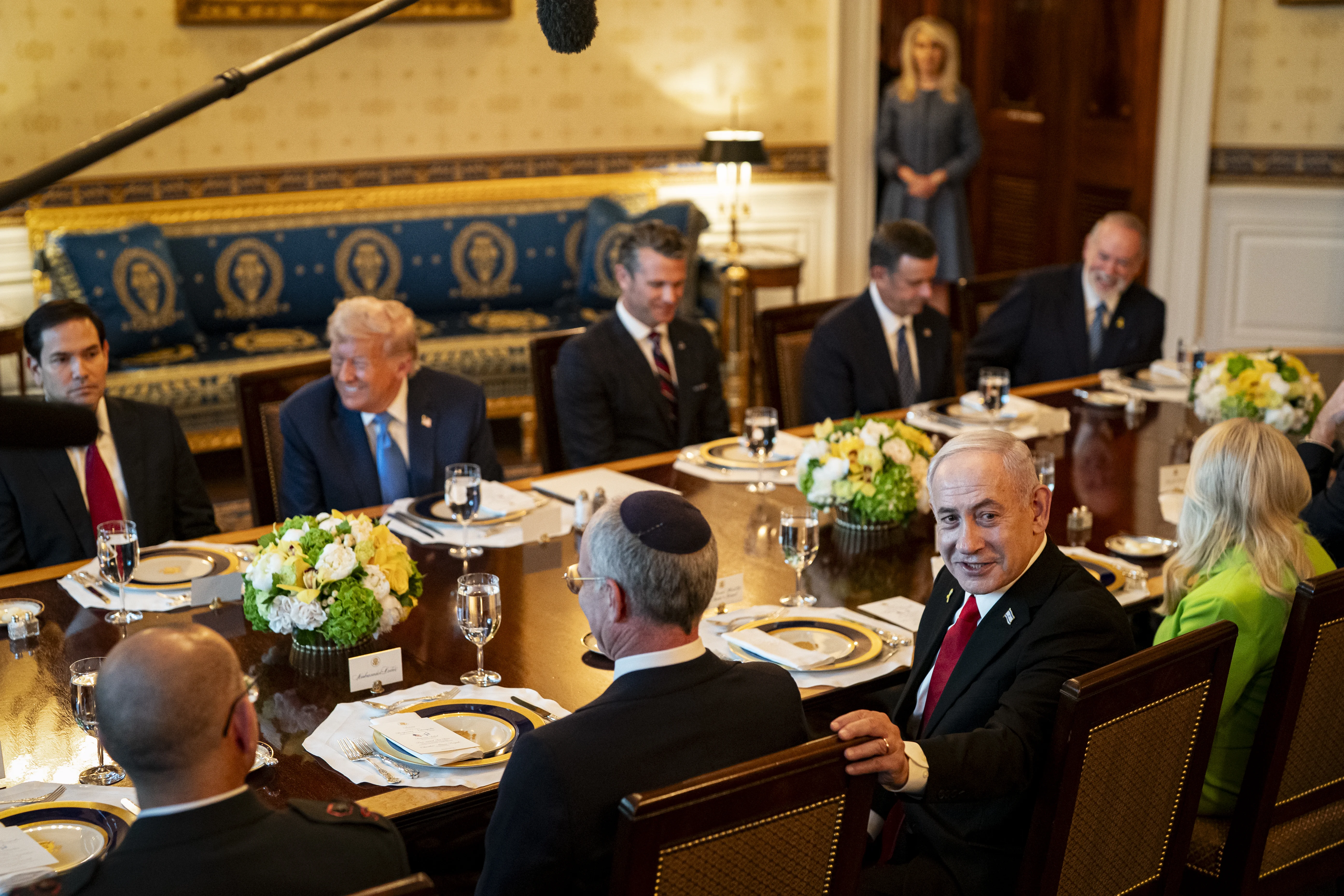 President Donald Trump and Benjamin Netanyahu during a dinner in the Blue Room of the White House. Featuring: President Donald Trump, Marco Rubio, Pete Hegseth, John Ratcliffe, Mike Huckabee, Prime Minister Benjamin Netanyahu, Monica Crowley Where: Washington, District of Columbia, United States When: 07 Jul 2025 Credit: Al Drago/POOL via CNP/INSTARimages.com