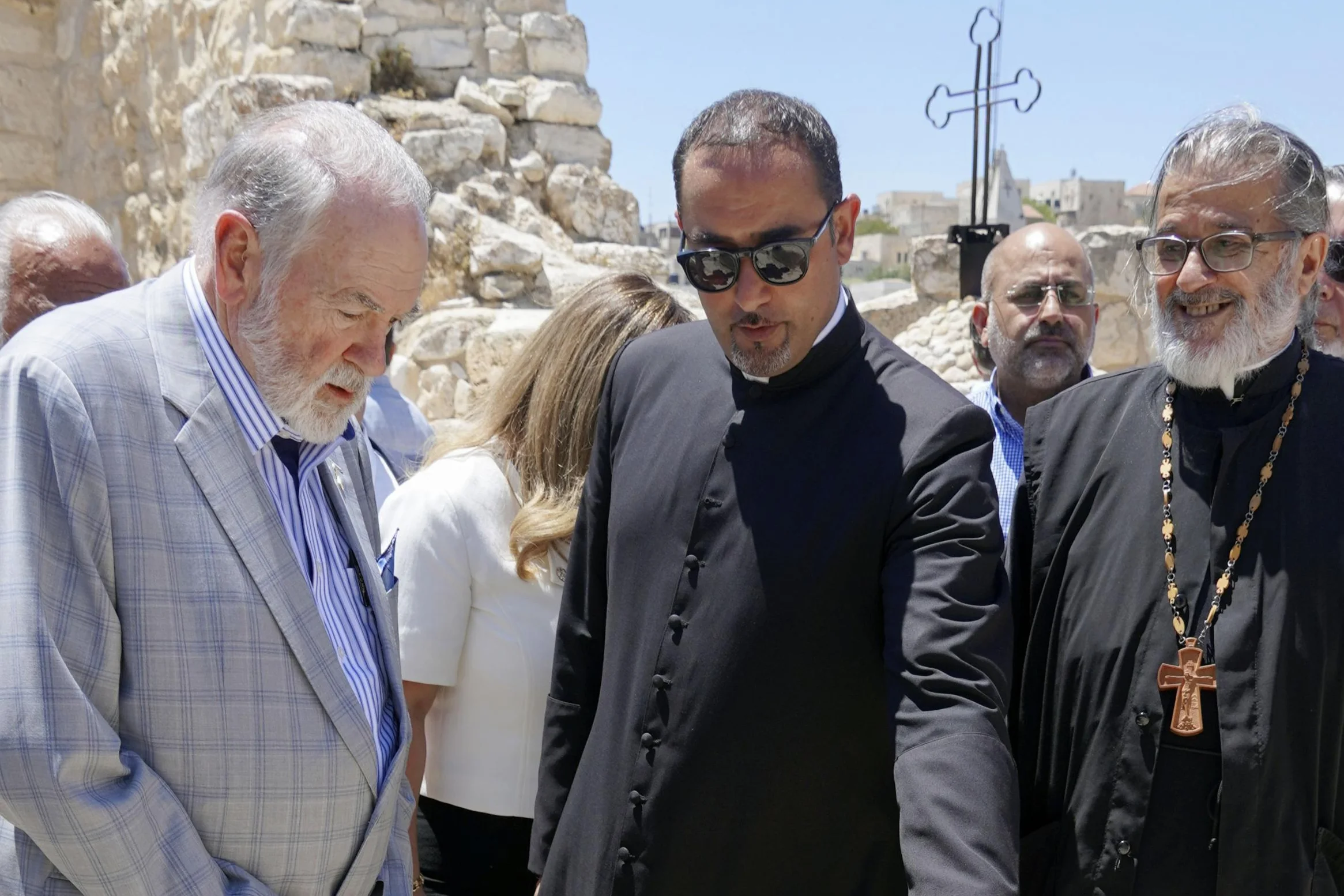U.S. Ambassador to Israel Mike Huckabee (L) inspects the site of an arson attack during a visit to the Palestinian Christian village of Taybeh in the West Bank on July 19, 2025. (Photo: via Reuters)