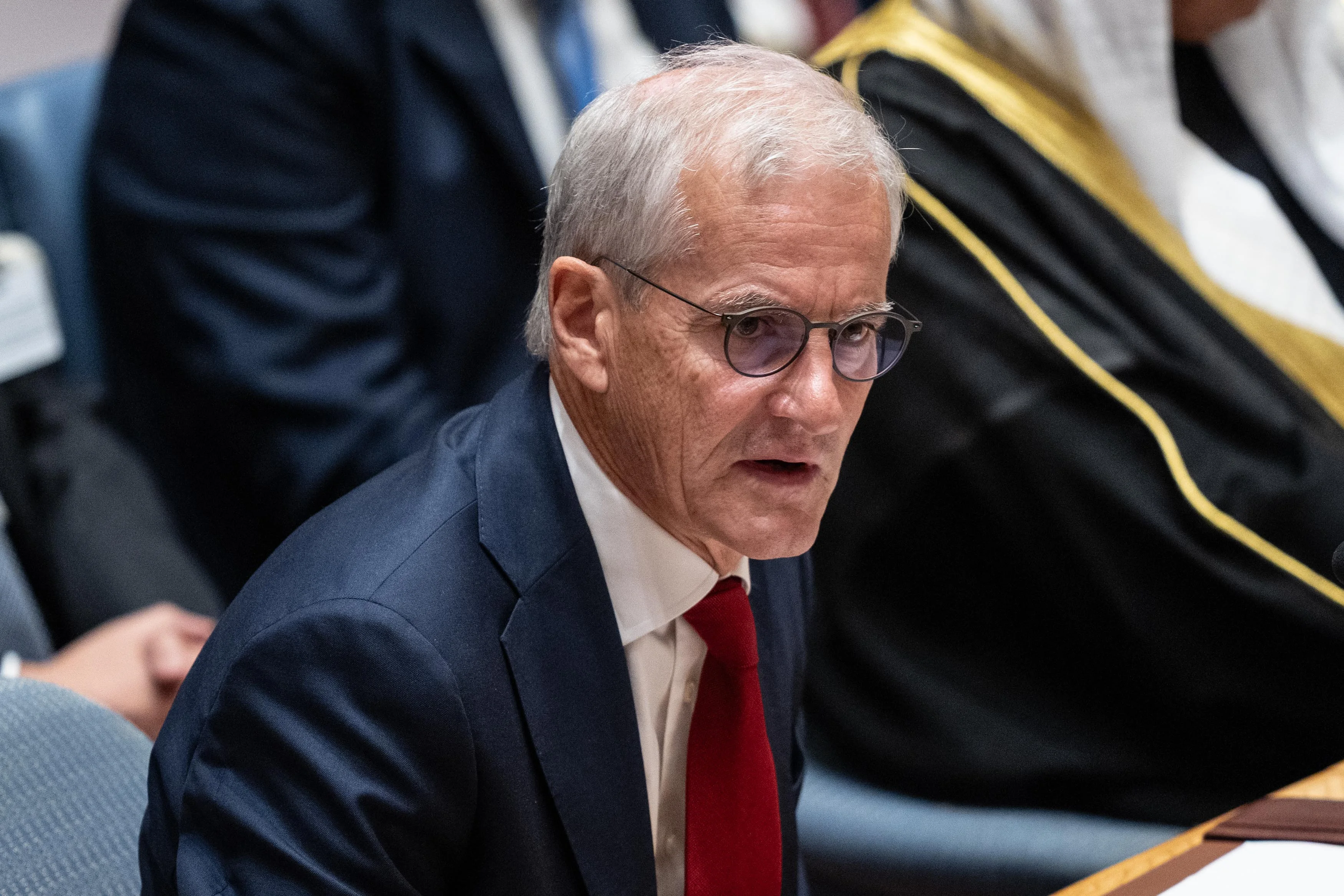 Jonas Gahr Store, Prime Minister of Norway speaks during ministerial meeting 'The situation in the Middle East, including the Palestinian question' at UN Headquarters in New York, NY on September 23, 2025 Photo: Reuters Connect by Lev Radin