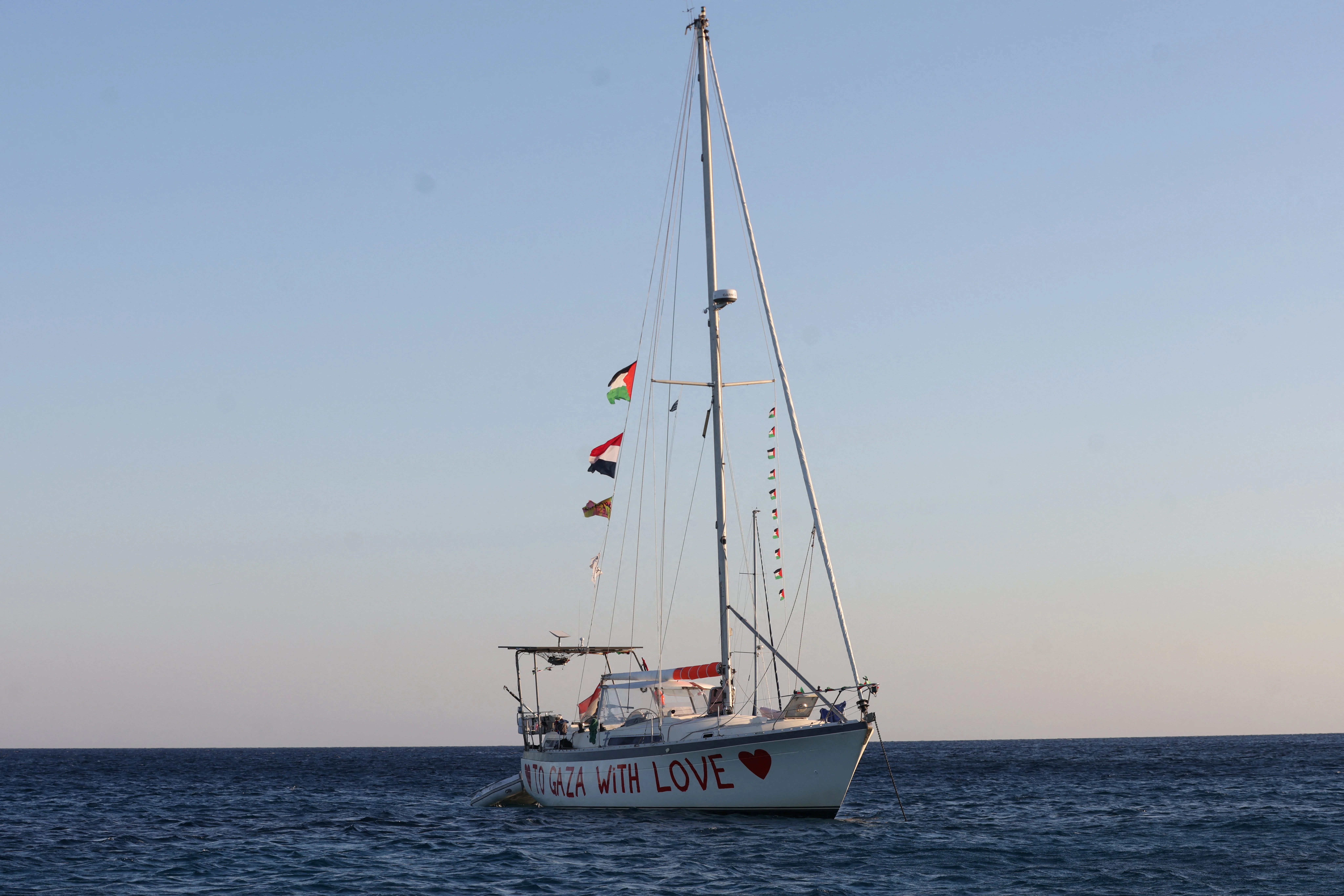 A sailing boat, part of the Global Sumud Flotilla aiming to reach Gaza and break Israel's naval blockade, sails off Koufonisi islet, Greece, September 26, 2025. Reuters Connect by Stefanos Rapanis