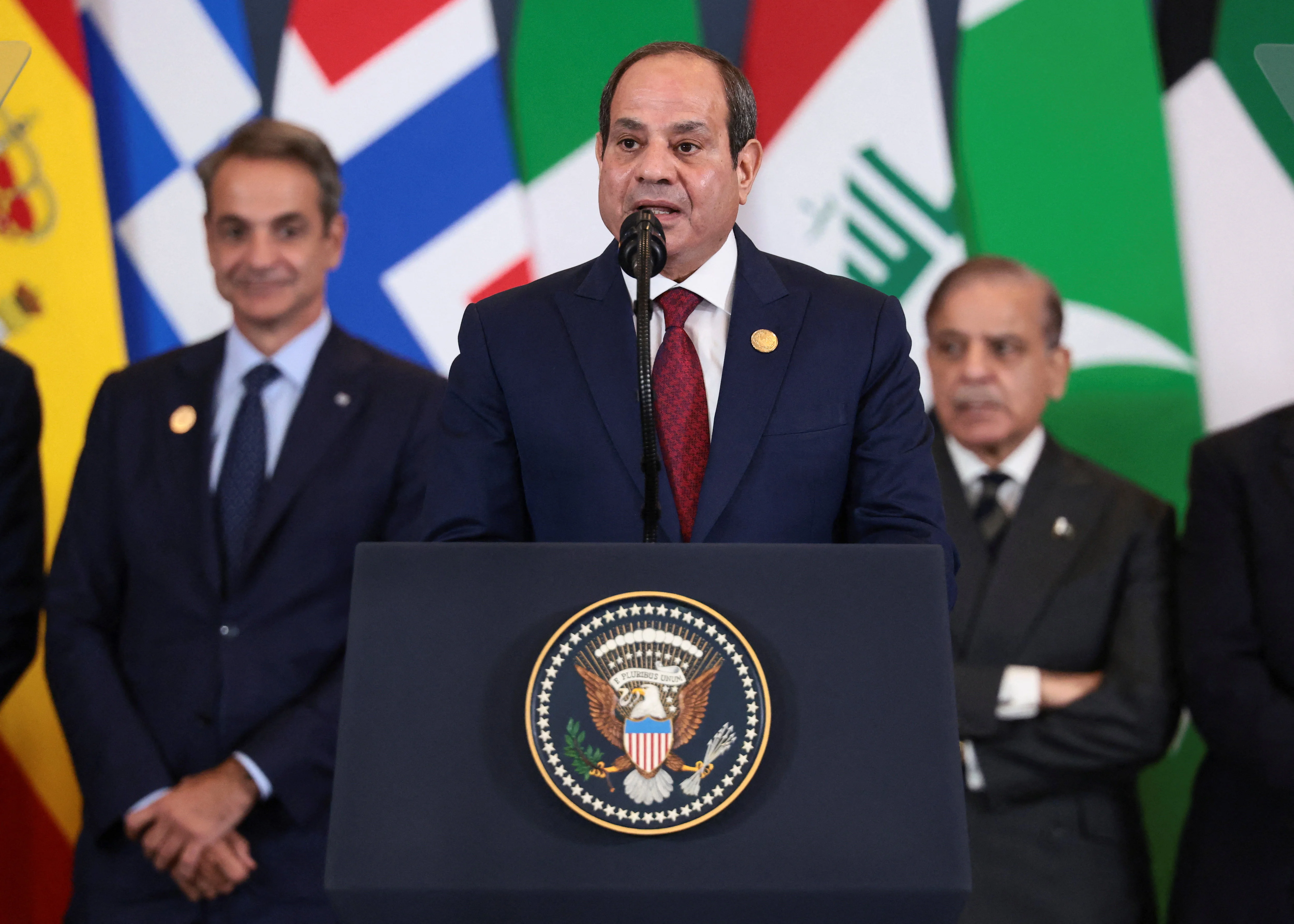 Egyptian President Abdel Fattah el-Sisi delivers remarks following the official signing of the first phase of the Gaza ceasefire agreement between Israel and Hamas, during a world leaders' summit on ending the Gaza war, in Sharm El-Sheikh, Egypt, October 13, 2025. Photo: Reuters by Evelyn Hockstein
