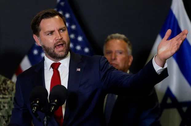 U.S. Vice President JD Vance speaks to members of the media in Kiryat Gat, Israel, October 21, 2025. REUTERS/Ammar Awad