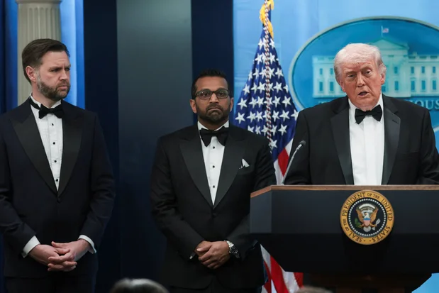 U.S. President Donald Trump speaks next to Vice President JD Vance and Federal Bureau of Investigation (FBI) Director Kash Patel at a press briefing at the White House, following a shooting incident during the annual White House Correspondents’ Association dinner, in Washington, D.C., U.S., April 25, 2026 Photo: Reuters Connect by Jonathan Ernst