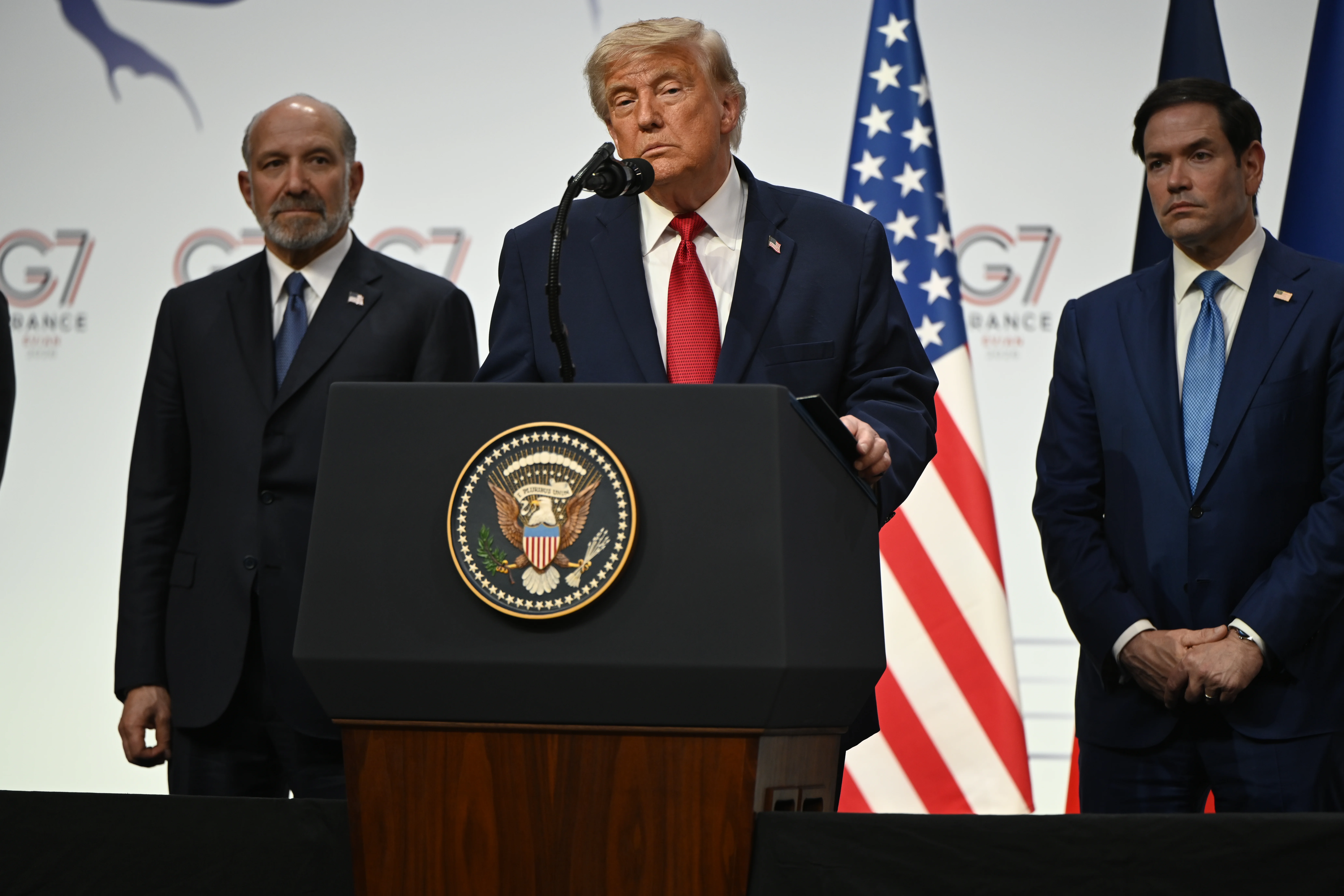 U.S. President Donald Trump holds a press conference at the end of the G7 Summit in Evian, France, June 17, 2026
