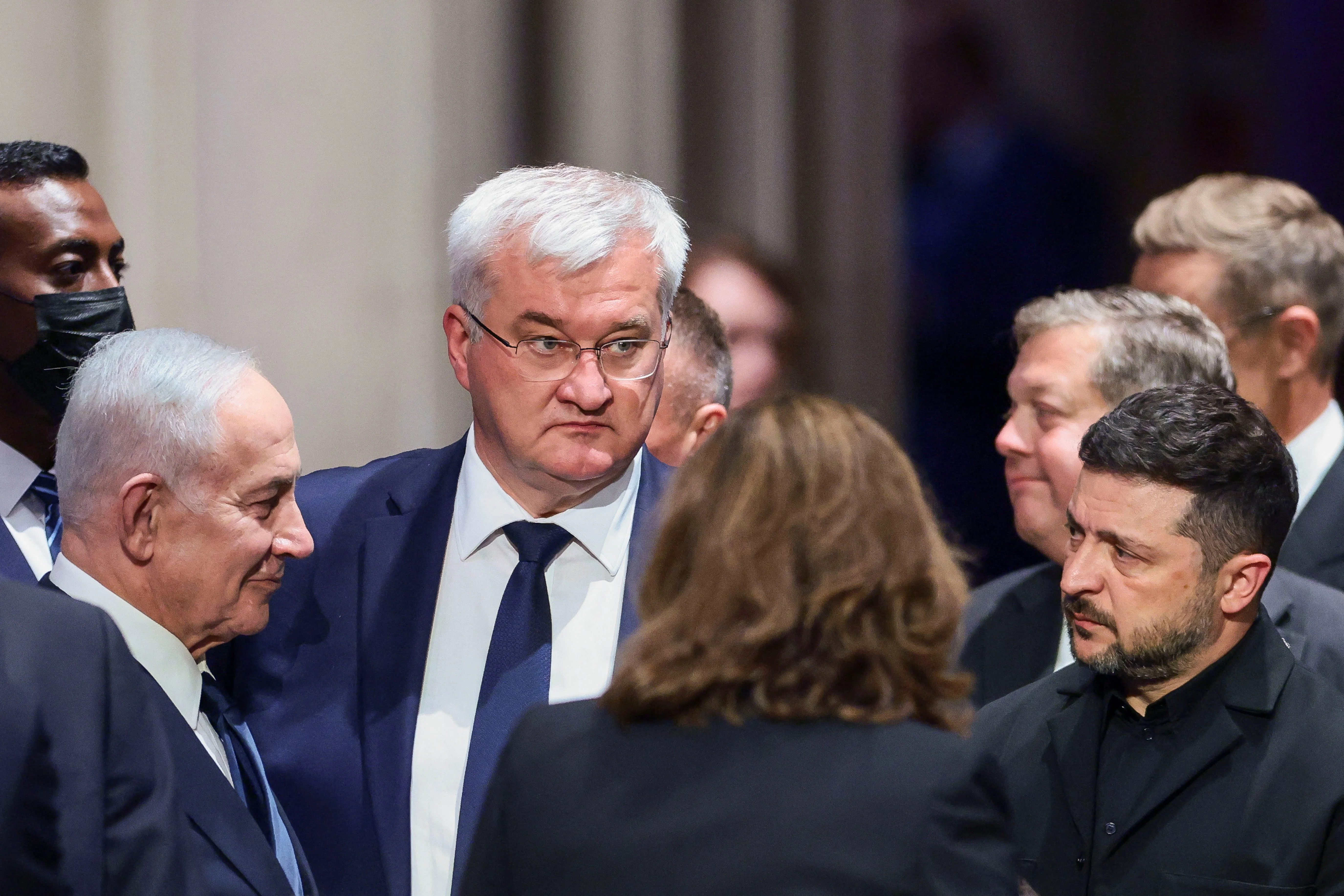 Israeli Prime Minister Benjamin Netanyahu, Ukrainian Foreign Minister Andrii Sybiha, Ukrainian President Volodymyr Zelenskiy and other officials at Washington National Cathedral in Washington, D.C., U.S