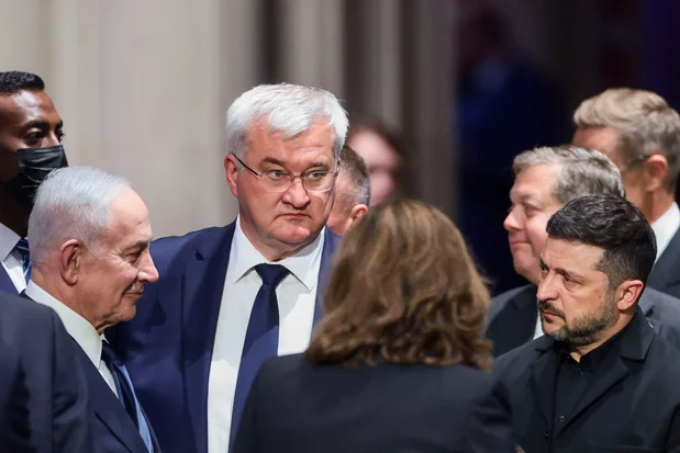Israeli Prime Minister Benjamin Netanyahu, Ukrainian Foreign Minister Andrii Sybiha, Ukrainian President Volodymyr Zelenskiy and other officials on the day of the funeral service for late U.S. Senator Lindsey Graham (R-SC) at Washington National Cathedral in Washington, D.C., U.S., July 28, 2026. Photo: Reuters Connect by Evelyn Hockstein