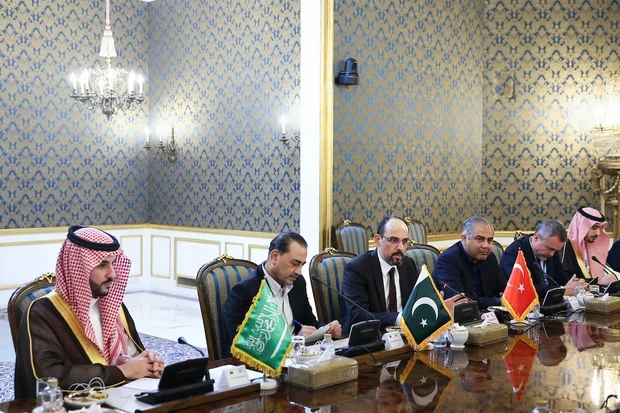 Saudi Arabia's Defence Minister Prince Khalid bin Salman, chief of Defence Forces of Pakistan, Field Marshal Asim Munir and Turkish intelligence chief, Ibrahim Kalin during a meeting with Iranian President Masoud Pezeshkian in Tehran, Iran, October 26, 2026. (Photo: Iran's Presidential website/WANA/Handout via REUTERS)