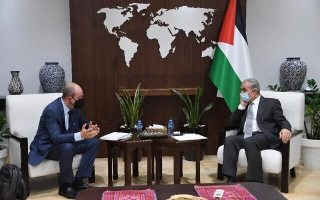 U.S. Deputy Assistant Secretary of State for Israeli and Palestinian Affairs Hady Amr meets with Palestinian Authority Prime Minister Mohammad Shtayyeh, in Ramallah, July 13, 2021. (Photo: WAFA)