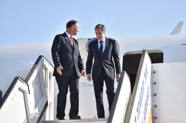 U.S. Secretary of State Antony Blinken arrives in Israel, May 25, 2021 (photo credit: Israeli chief of protocol Twitter feed)