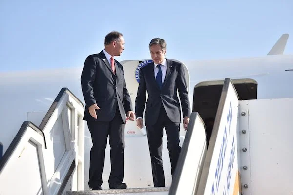 U.S. Secretary of State Antony Blinken arrives in Israel, May 25, 2021 (photo credit: Israeli chief of protocol Twitter feed)