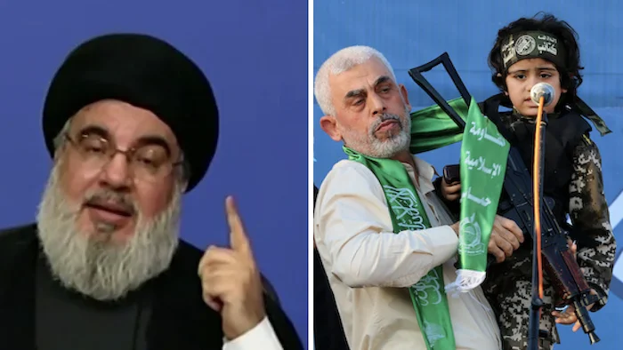 (L) Sheikh Hassan Nasrallah, a video threatening Israel (Photo: screenshot), Yahya Sinwar, leader of the Palestinian Hamas movement, holds a child with a weapon on stage during a rally in Gaza City, on May 24, 2021. (Photo: Atia Mohammed/Flash90)