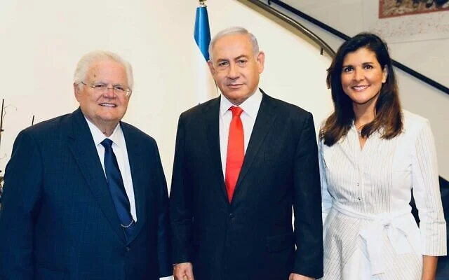 Former prime minister Benjamin Netanyahu (C) hosts CUFI president John Hagee (L) and former US ambassador to the UN Nikki Haley at the Prime Minister's Residence in Jerualem on June 14, 2021. (Nikki Haley/Twitter)