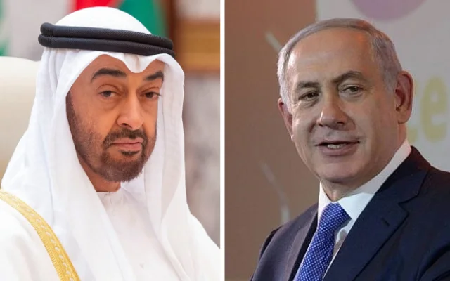 Abu Dhabi Crown Prince Sheikh Mohammed bin Zayed al-Nahyan and Israeli Prime Minister Benjamin Netanyahu (Photos: Bandar Algaloud/Courtesy of Saudi Royal Court/Handout via REUTERS and Amos Ben Gershom/GPO)