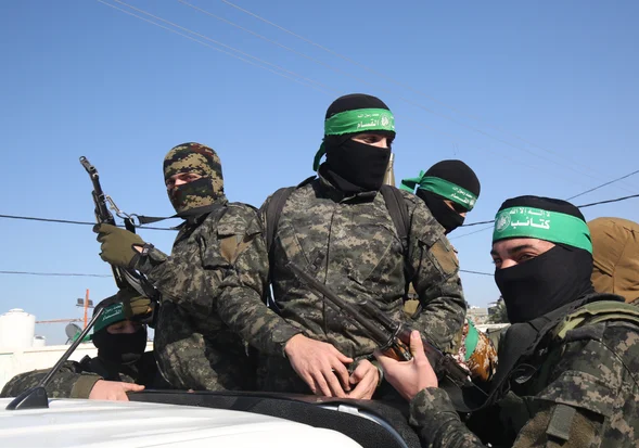 Palestinian members of Izz ad-Din al-Qassam Brigades, the armed wing of the Hamas movement seen during a patrol in Khan Younis, in the southern Gaza Strip on January 26, 2020. Photo by Abed Rahim Khatib/Flash90