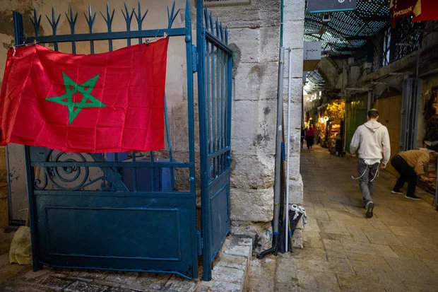 The Moroccan Flag hanged in the Old City of Jerusalem on December 11, 2022. Photo by Yonatan Sindel/Flash90