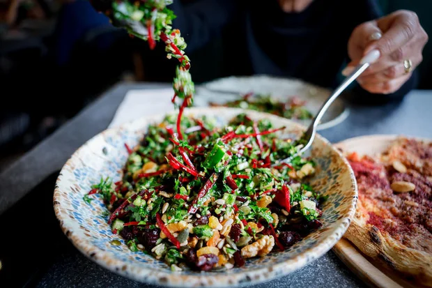 Tabouleh salad served at the Reif restaurant in the Northern Druze village of Isfiya. March 24, 2024. Photo by Nati Shohat/FLASH90