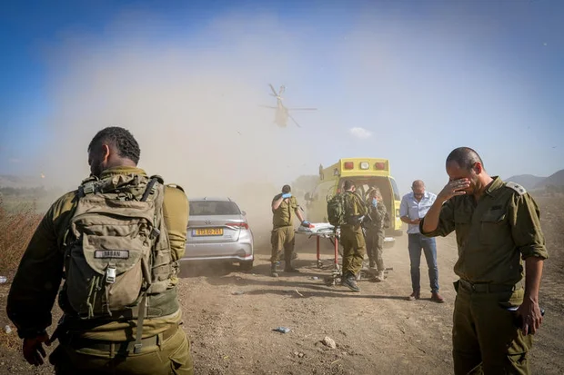 Rescue personnel evacuate an Israeli man who was severly injured when an anti-tank missile fell in Kfar Yuval in the Upper Galilee, September 1, 2024. Photo by Ayal Margolin/Flahs90