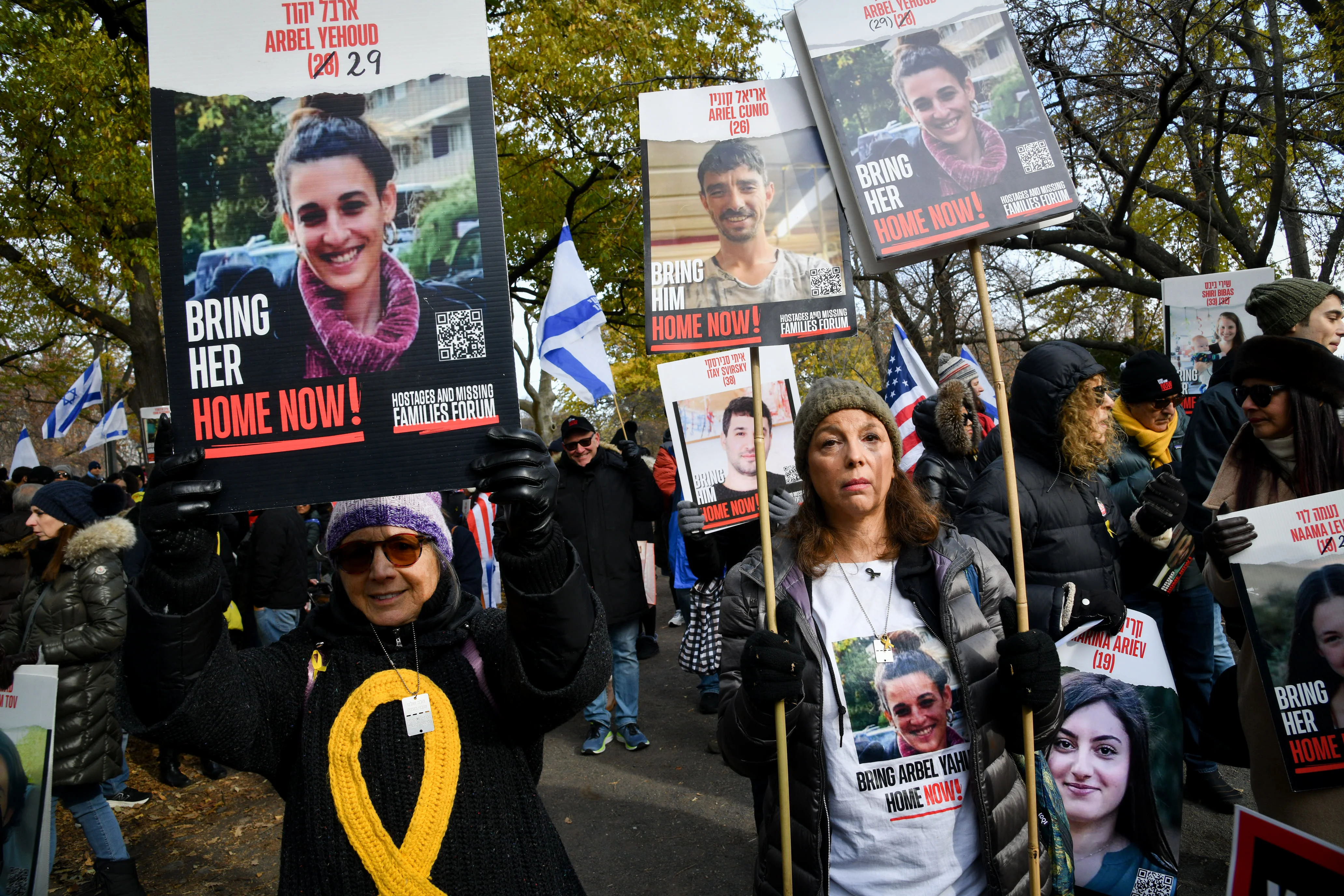 A protest march organized by the Hostages and Missing Families Forum, calling for the release of the Israeli hostages held by Hamas terrorist in Gaza, seen marching through Central Park in New York City, USA. December 15, 2024. Photo by Israel Hadari/Flash90