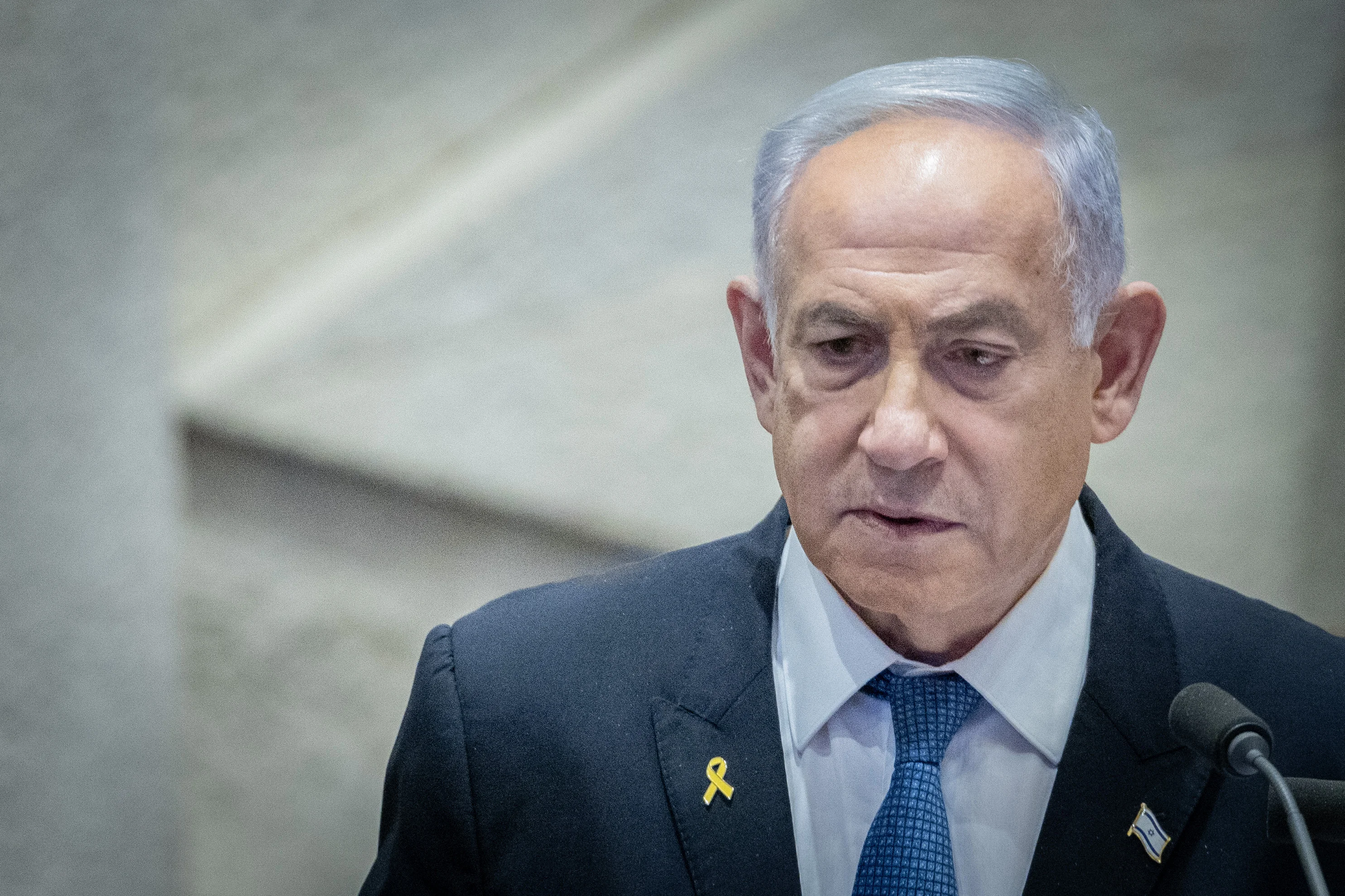 Israeli prime minister Benjamin Netanyahu addresses the Israeli Parliament in Jerusalem, on December 23, 2024. Photo by Chaim Goldberg/Flash90