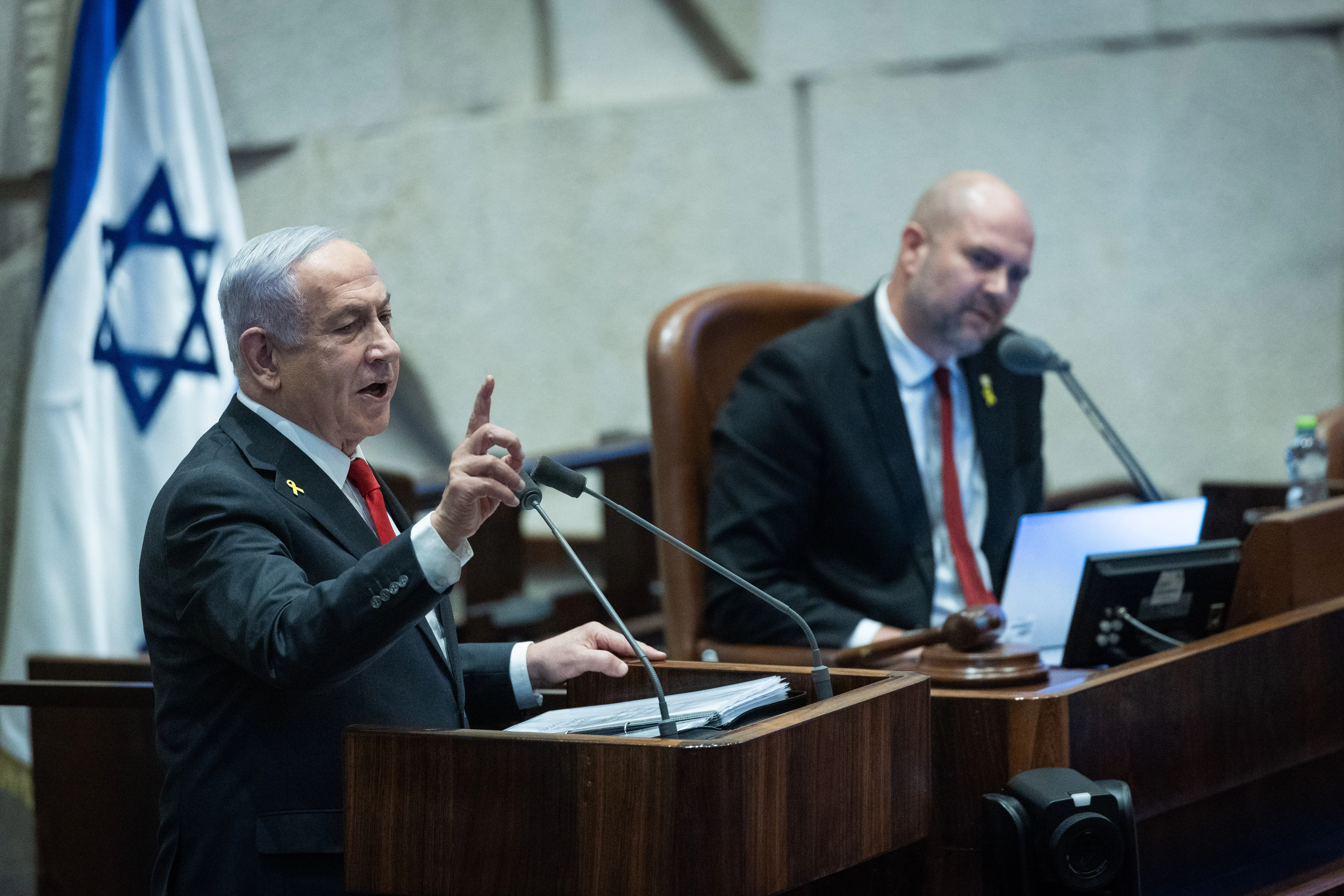 Israeli Prime Minister Benjamin Netanyahu speaks during a plenum session at the assembly hall of the Knesset, the Israeli Parliament in Jerusalem on February 10, 2025. Photo by Yonatan Sindel/Flash90