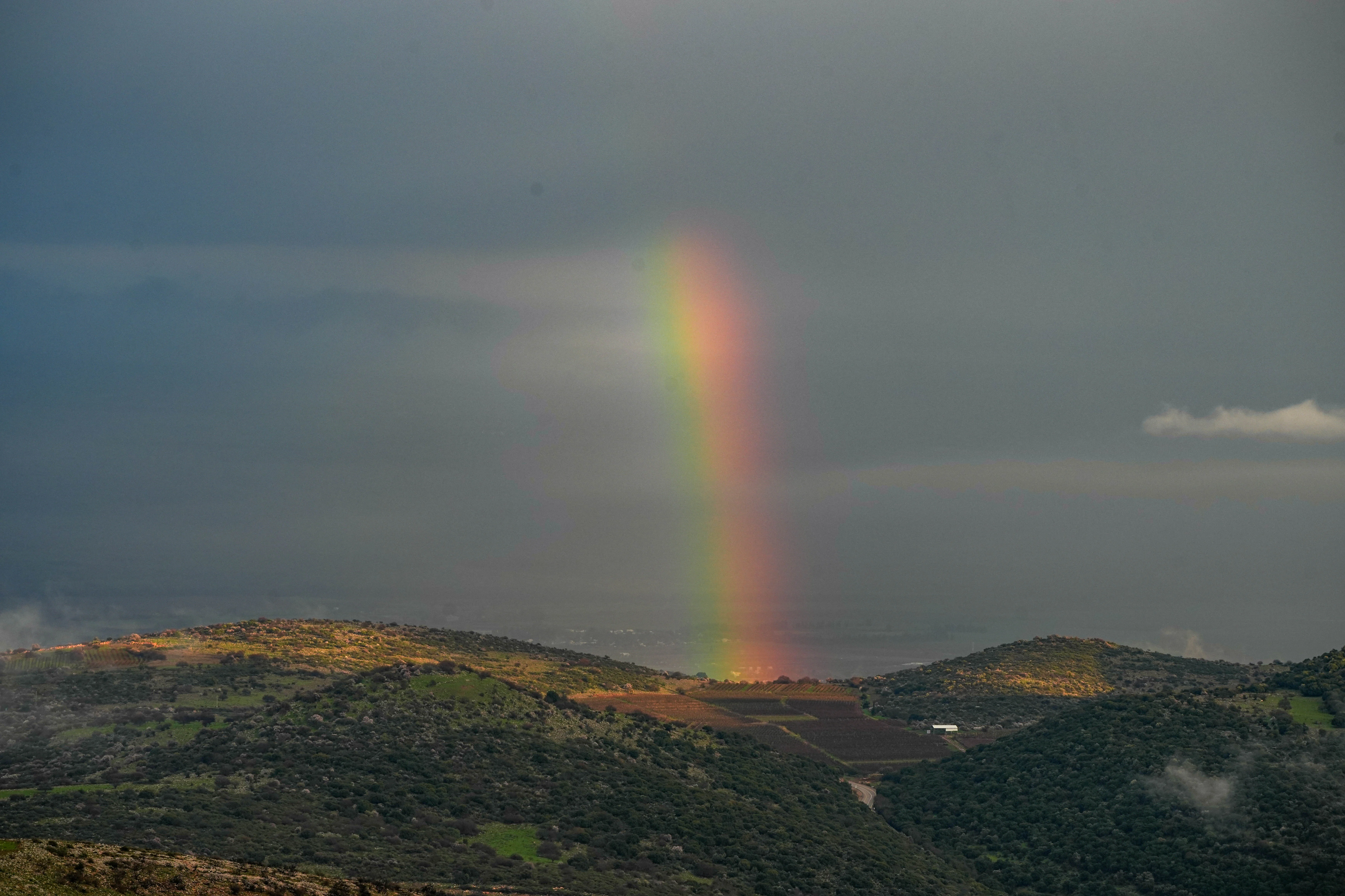 A rainbow rises near the Israeli border with Lebanon, February 12, 2025. Photo by Ayal Margolin/Flash90