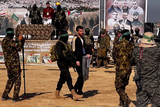 Al-Qassam Brigades hand over Dekel-Chen and other Israeli hostages to the Red Cross, as part of the ceasefire agreement between Israel and Hamas, in Khan Younis, February 15, 2025. Photo by Abed Rahim Khatib/Flash90