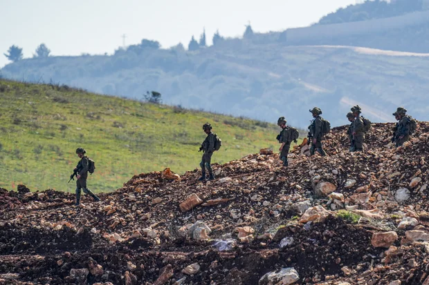 Israeli soldiers patrol near the Israeli border with Lebanon, on February 18, 2025. Photo by Ayal Margolin/Flash90