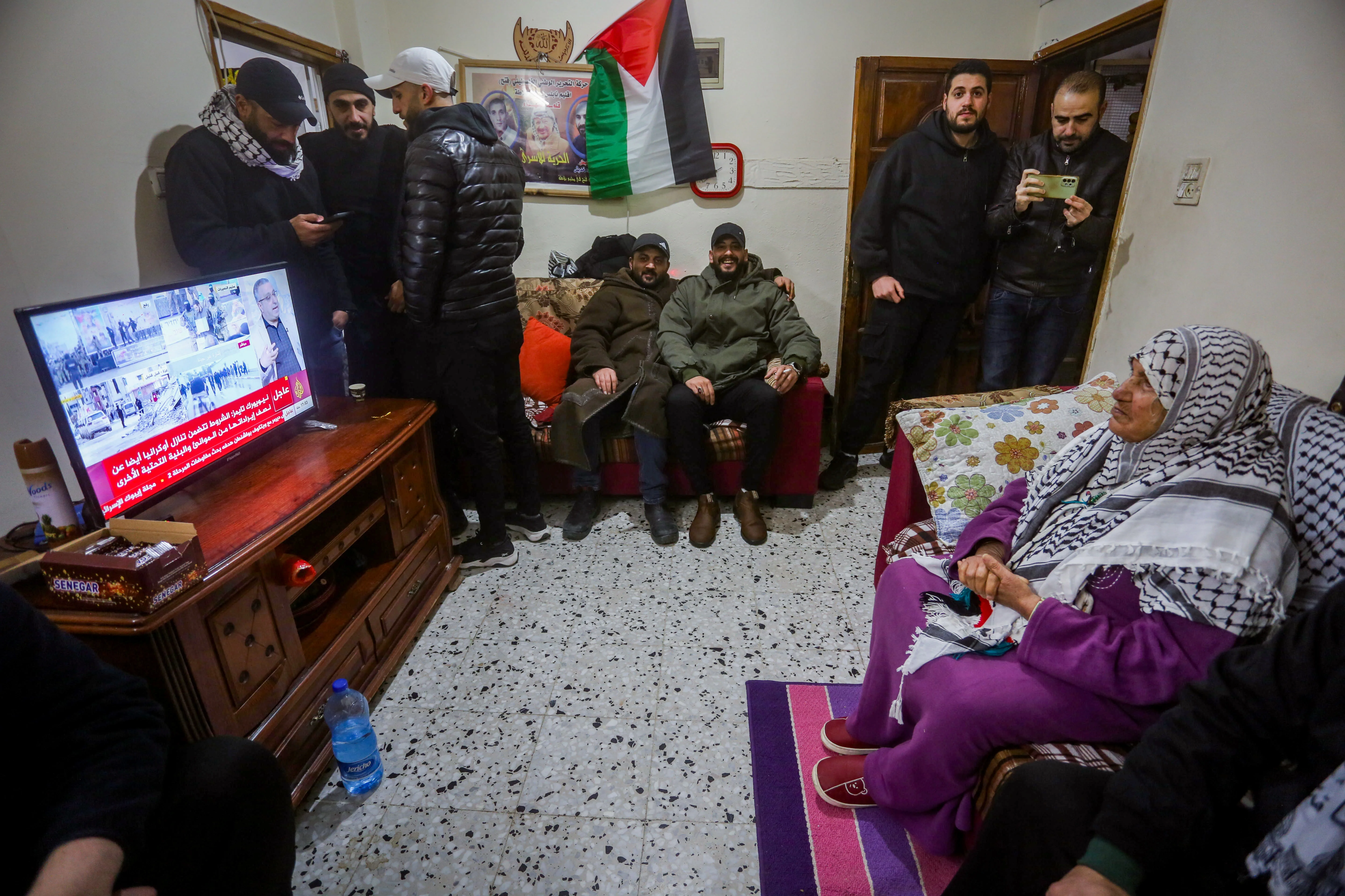 Family members of Palestinian prisoner Abdel Nasser Atallah, who was deported abroad after being released in a hostage deal between Israel and Hamas, celebrate in Balata camp, near the West Bank city of Nablus, February 22, 2025. Photo by Nasser Ishtayeh/Flash90