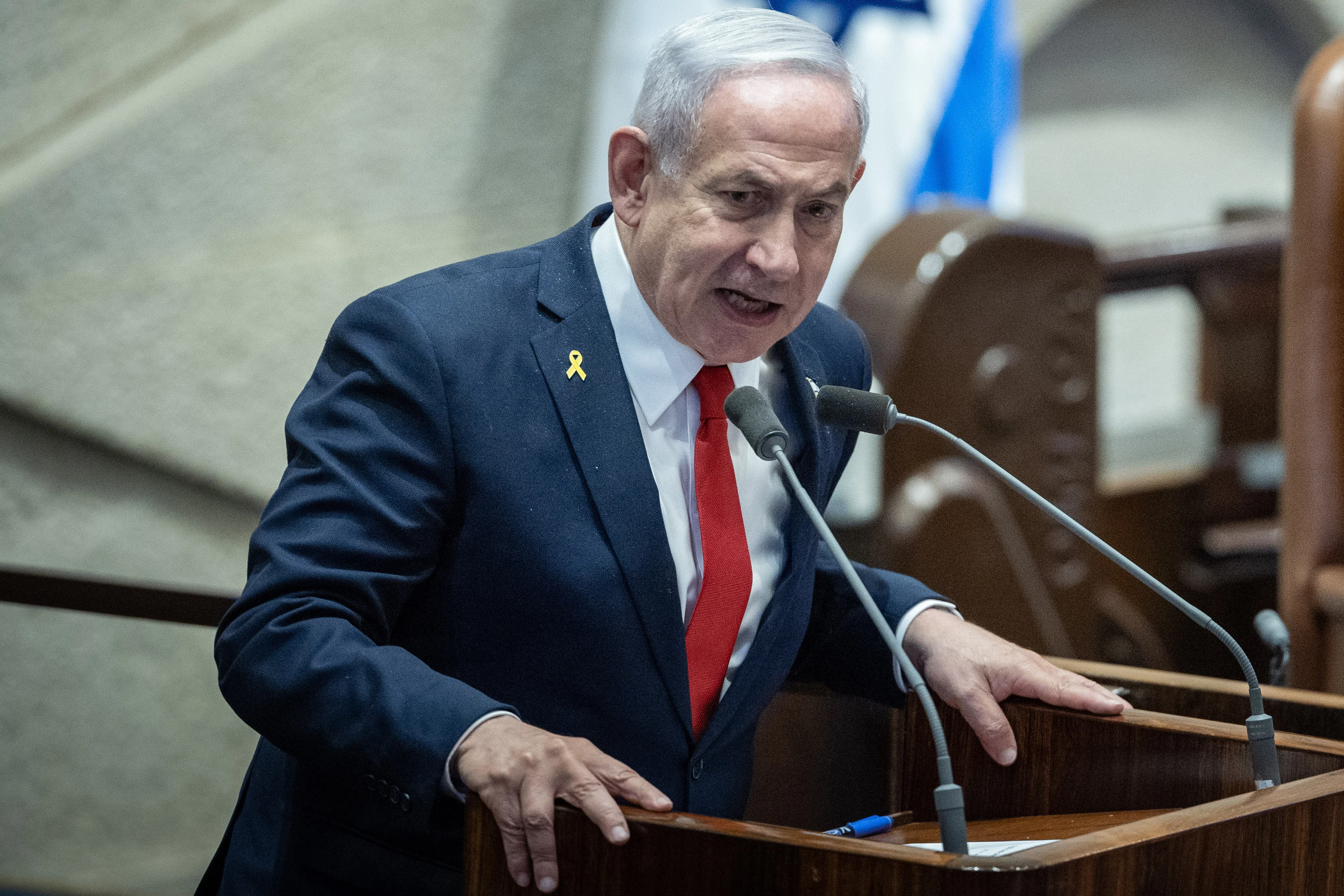 Israeli Prime Minister Benjamin Netanyahu speaks at the plenum hall of the Knesset, the Israeli parliament in Jerusalem, on March 3, 2025. Photo by Chaim Goldberg/Flash90