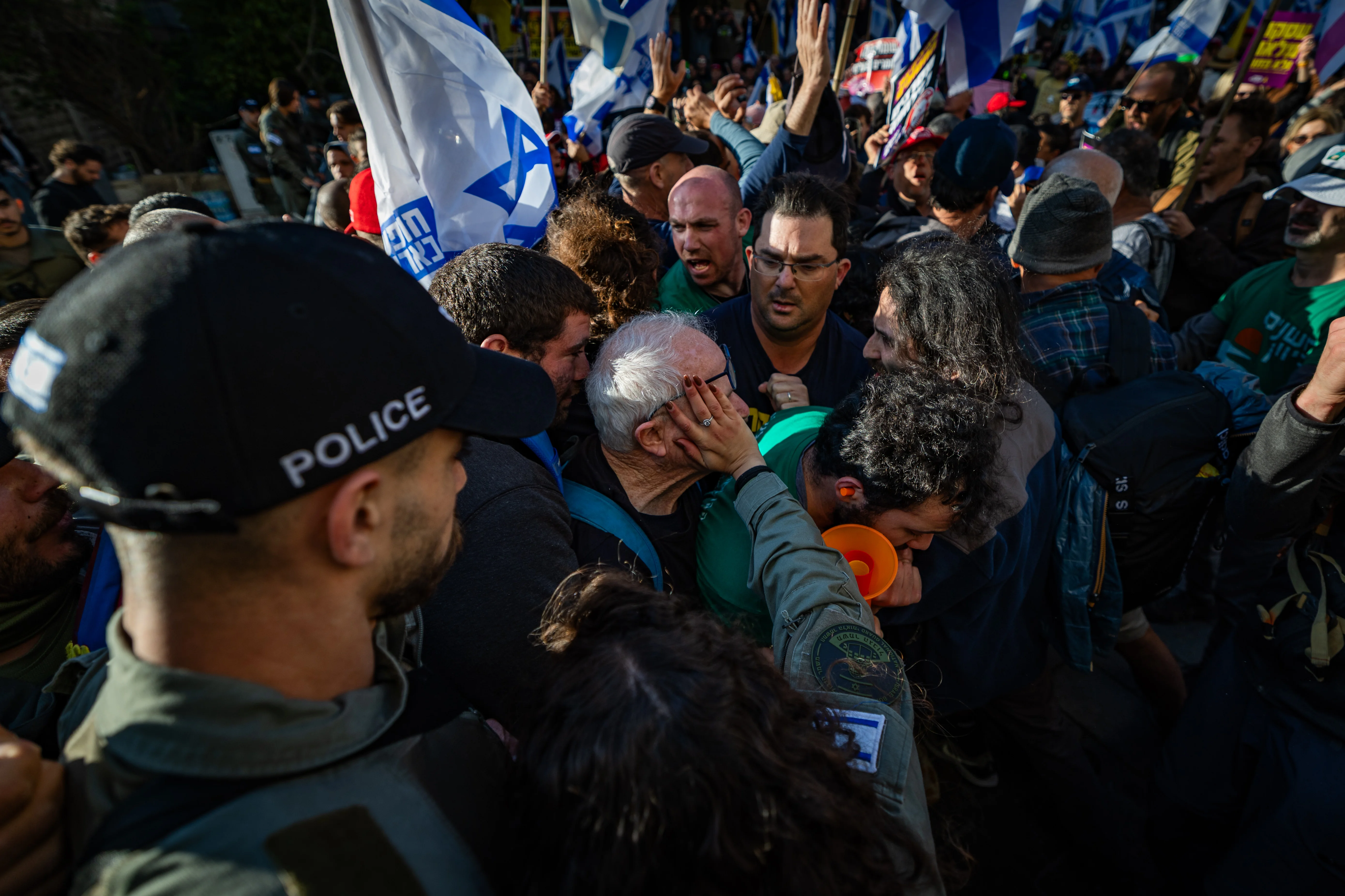 Israelis clash with police during a protest against Israeli prime minister Benjamin Netanyahu and his government, outside the Prime Minister’s Residence in Jerusalem, March 23, 2025. Photo by Yonatan Sindel/Flash90