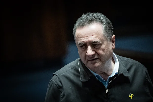 Defense Minister Israel Katz seen at the plenum hall of the Knesset, the Israeli parliament in Jerusalem, on March 26, 2025. Photo by Yonatan Sindel/Flash90