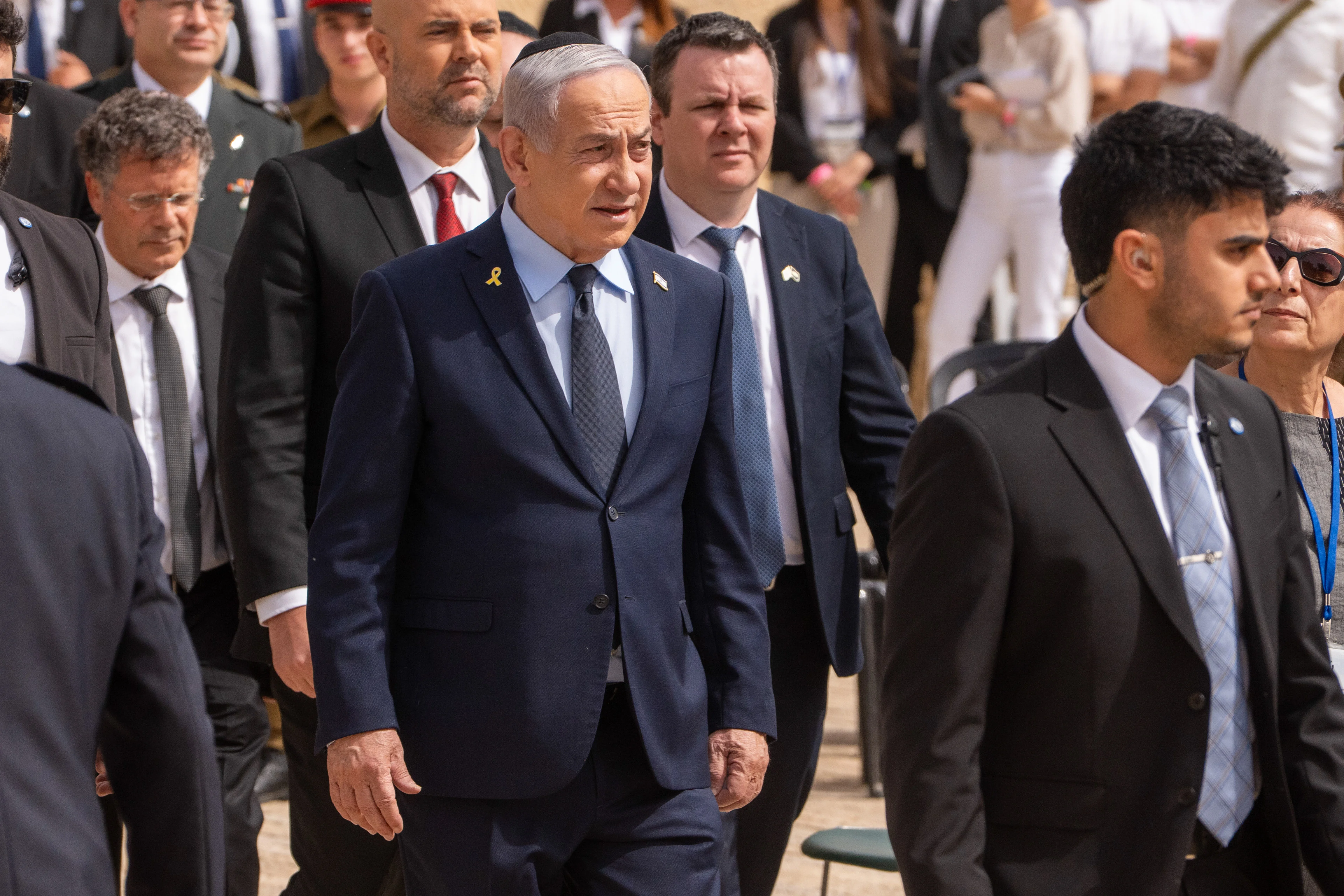 Israeli prime minister Benjamin Netanyahu attends a ceremony held at the Yad Vashem Holocaust Memorial Museum in Jerusalem, as Israel marks annual Holocaust Remembrance Day. April 24, 2025. (Photo by Shalev Shalom/POOL via Flesh90)