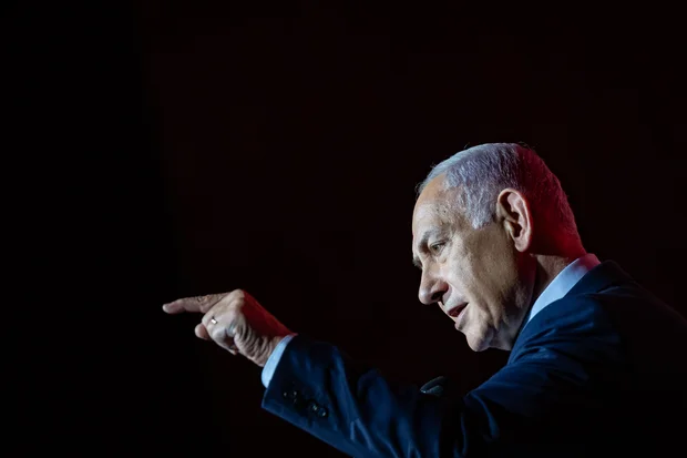Israeli prime minister Benjamin Netanyahu speaks at the Jewish News Syndicate conference in Jerusalem, on April 27, 2025. Photo by Yonatan Sindel/Flash90