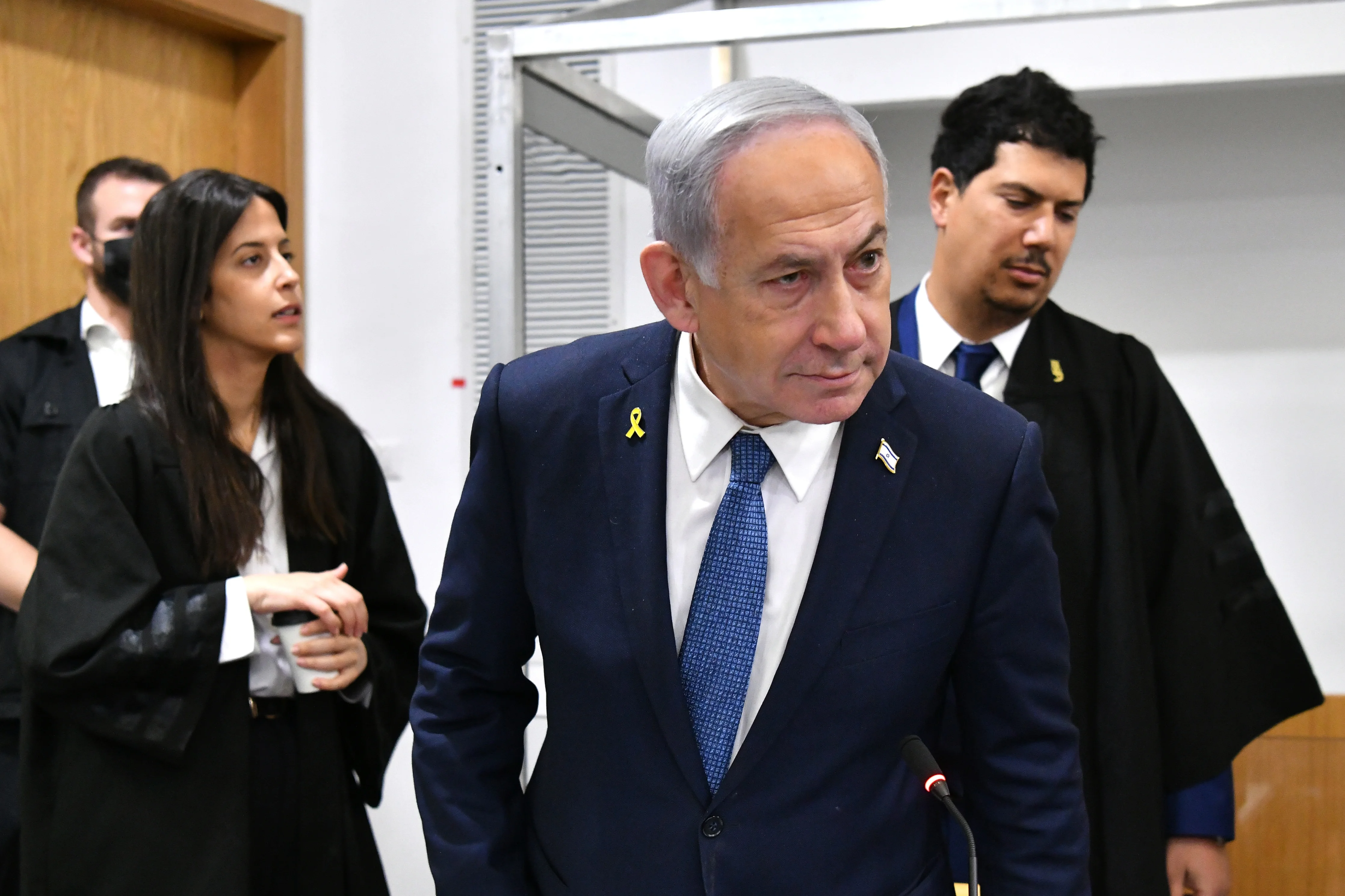 sraeli Prime Minister Benjamin Netanyahu arrives to the courtroom at the Distrcit court in Tel Aviv, before the start of his testimony in the trial against him, May 6, 2025. (Photo: Flash 90)