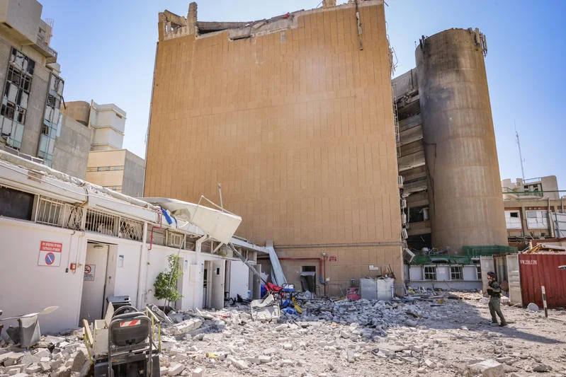 The scene where a ballistic missile fired from Iran hit and caused damage at the Soroka Medical Center in Be'er Sheva, June 19, 2025. Photo by Marc Israel Sellem/POOL