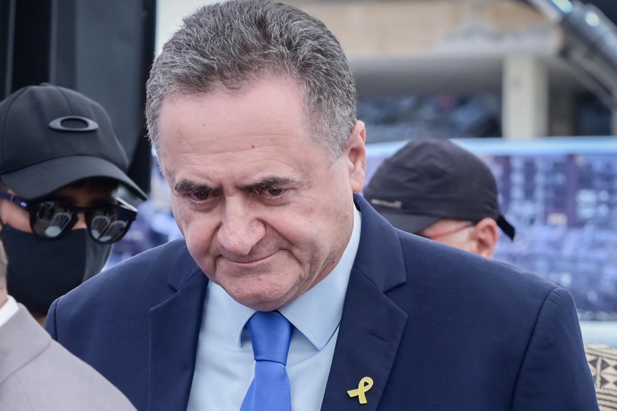 Israeli minister of Defense Yisrael Katz attends a ceremony held when demolishing residential buildings which were hit in an Iranian missile attack in the central Israeli city of Holon last month, July 28, 2025. Photo by Avshalom Sassoni/FLASH90