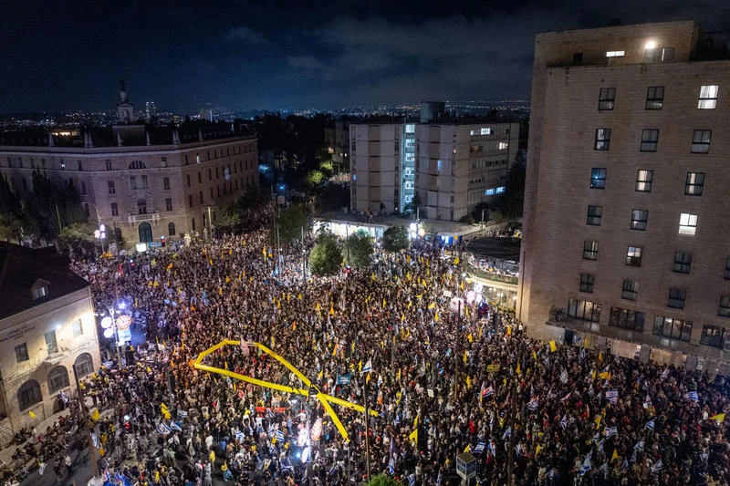 Thousands attend a protest near the home of Israeli PM in Jerusalem, calling for an end to the war and the release of all the Israeli hostages from Hamas captivity. September 06, 2025. Photo by Chaim Goldberg/FLASH90