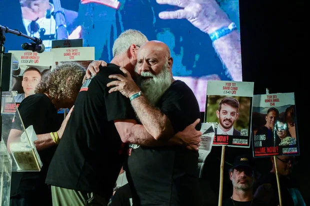 Families of hostages held in the Gaza Strip and supporters attend a rally calling for the release of hostages held in Gaza, at Hostage Square in Tel Aviv, September 13, 2025. Photo by Avshalom Sassoni/Flash90