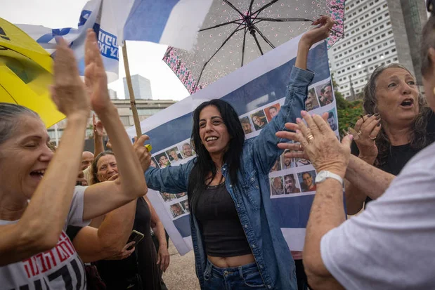 Celebrations at Hostage Square in Tel Aviv as the agreement on a hostage release is announced. In the photo: Einav Zangauker, whose son Matan is held in captivity in Gaza. October 09, 2025. Photo by Miriam Alster/FLASH90