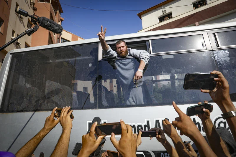 Palestinian prisoners released from Israeli prisons as part of a ceasefire deal between Israel and Hamas arrive in Khan Yunis, in the southern Gaza Strip, on October 13, 2025. Photo by Abed Rahim Khatib/Flash90