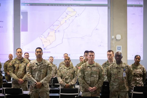 US military soldiers stand as US Secretary of State Marco Rubio visit at a US military base in Kiryat Gat, on October 24, 2025. Photo: Flash 90 by Olivier Fitoussi